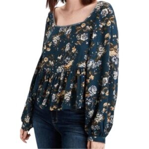 American Eagle Floral Balloon Sleeve Ruffle Crepe Square Neck Top Large